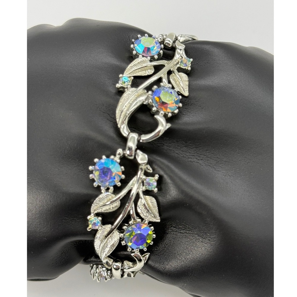 Coro Vintage Silver Tone Aurora Borealis Rhinestone Floral Leaf Link Bracelet